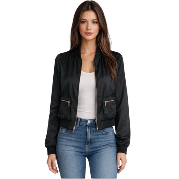 Jennifer Lopez Jackets & Blazers - JENNIFER LOPEZ Black Satin Cropped Zip Up Bomber Jacket Size 8 | EUC